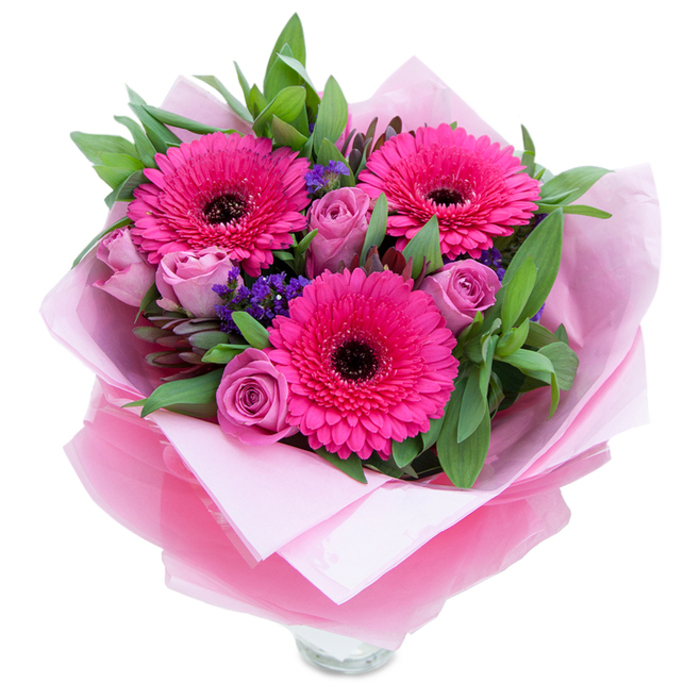 This bouquet captures a playful yet graceful spirit: three vivid fuchsia Gerbera daisies burst open with confident petals circling dark, almost-black centres, while a chorus of lavender-pink roses, their buds still softly curled, introduces a quieter, romantic rhythm. Tiny clusters of deep purple statice are tucked between petals like shy bits of sky, adding texture and a cool counterpoint to the warmer pinks. The foliage, broad and verdant-suggestive of salal or eucalyptus-wraps the flowers in a fresh, green embrace, its slightly glossy surfaces catching the light and giving the whole arrangement a lively, dewy presence. The flowers sit against a neutral white background and are carefully swathed in a layer of matte pale pink tissue beneath a sheer, crinkled fuchsia cellophane that adds a subtle shimmer and unifies the palette. The lower edge reveals the rim of a clear glass vase, a quiet promise that the stems are ready to live in water and brighten a kitchen table or hallway console. There is an understated scent implied here: the roses exuding a soft, classic perfume and the Gerberas contributing a faint, green brightness. Visually and physically, the bouquet reads as expertly constructed-balanced groupings, considered spacing, and an attentive wrap-ideal for marking a birthday, Mother's Day, or an anniversary with tender exuberance. As a floral piece that would suit a sunny sitting room near Regent's Canal or a cozy flat by Chalk Farm Road, it conveys celebration without excess and the careful touch of a neighbourhood florist crafting moments to be remembered.