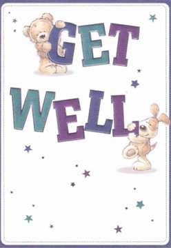 Instantly inviting comfort and ease, this delightful get well card features artwork that feels as joyful and detailed as a walk through the markets of Primrose Hill. A soft teddy bear sits atop the word 'GET', offering a reassuring embrace, while a lively puppy rests below, lending a sense of hope to the bold 'WELL'. Their softly rounded forms and sparkling eyes bring to mind the gentle affection we infuse into each bouquet lovingly gathered for neighbours across Primrose Hill. Vibrant purples and calming teals imagine the early morning palette at Regent's Park, scattered star motifs sparkle as if conjuring dreams of better days. The crisp white background lends a sense of freshness and clarity reminiscent of dew on Primrose Hill after spring rain. Every minute detail-the bear's cuddly form, the puppy's inviting face-echoes the attentive care of a local florist. Sending this card is akin to sending a thoughtfully arranged bouquet, each detail designed to brighten and bring hope to anyone recovering in NW1 and its leafy surrounds.