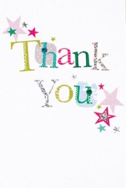 This thank you card radiates delight, blending jubilant colours and an endearing sense of artistry that's right at home in Primrose Hill's creative corners. The words 'Thank You' are stitched playfully across the card in a vivid parade: glowing greens, bold magentas, and tranquil blues, each letter given its own voice with subtle patterns and sparkles. Surrounding the words, cheerful stars in magenta, teal, and gold drift toward the edges-like confetti lingering after a festival near Regent's Park. The tactile quality of the print is evident, with certain silver letters glimmering under the light, adding a handmade touch reminiscent of the carefully crafted bouquets found in local Primrose Hill florists. Against a crisp white background, every detail stands out-the combination of vibrant colour, gentle shine, and lively design celebrating gratitude with a personal touch. It's easy to see this card nestled beside a radiant bouquet, offering genuine thanks to a friend in nearby Hampstead or a colleague by Chalk Farm, the whole arrangement reflecting thoughtful creativity and the joy of connection that defines this beloved neighbourhood.